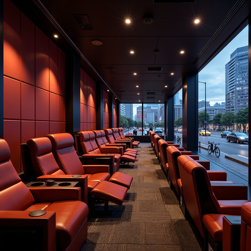 Prompt: Luxurious cinema interior, modern minimalist design, sleek lines, bold color scheme, comfortable seating arrangement, reclining chairs, adjustable armrests, cup holders, footrests, premium leather upholstery, metallic accents, dimmable LED lighting, floor-to-ceiling windows, urban cityscape views, bustling street scenes, 1/1 composition, shallow depth of field, cinematic atmosphere, soft warm glow, realistic textures.