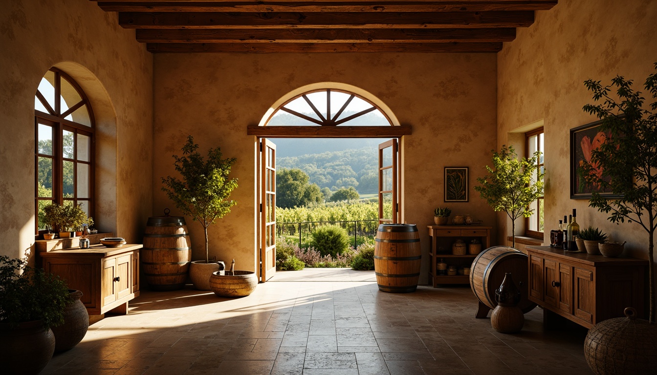 Prompt: Rustic winery, earthy tones, warm beige walls, wooden barrel accents, vintage wine-making equipment, dimly lit cellar atmosphere, rich burgundy reds, soft golden yellows, muted olive greens, weathered stone exteriors, lush vineyard surroundings, sunny afternoon light, soft focus, shallow depth of field, 1/2 composition, intimate close-ups, realistic textures, ambient occlusion.