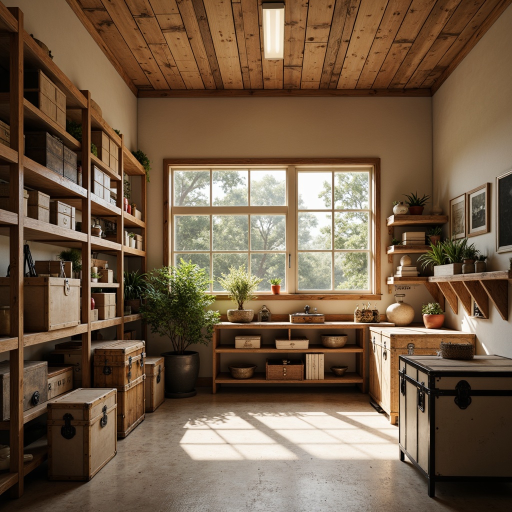 Prompt: Cozy storage room, warm beige walls, rustic wood accents, soft cream shelves, industrial metal racks, vintage trunks, distressed finishes, earthy tone flooring, natural light pouring in, airy atmosphere, calming ambiance, subtle shadows, 1/1 composition, soft focus, muted color scheme.