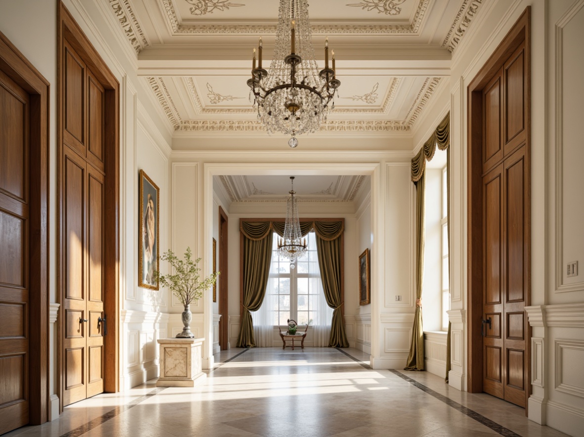 Prompt: Elegant hall interior, neoclassical architecture, high ceiling, ornate moldings, crystal chandeliers, marble floors, polished wooden paneling, gilded frames, luxurious velvet drapes, intricate plasterwork, subtle gold leaf accents, soft cream color palette, warm ambient lighting, shallow depth of field, 1/1 composition, realistic textures, ambient occlusion.