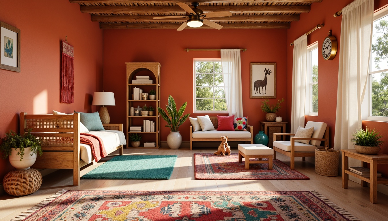 Prompt: Vibrant kids' bedroom, southwestern style, warm terracotta walls, turquoise accents, sandy beige floors, colorful woven textiles, plush area rugs, rustic wooden furniture, vintage Native American patterns, bold geometric shapes, bright coral hues, creamy whites, soft sage greens, natural linen fabrics, woven baskets, rattan chairs, warm golden lighting, cozy reading nooks, whimsical wall art, playful decorative accessories, shallow depth of field, 1/2 composition, realistic textures, ambient occlusion.