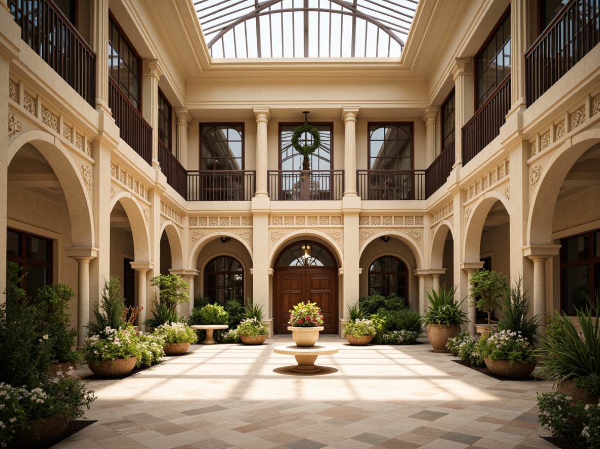 Prompt: Grand courthouse entrance, ornate columns, eclectic fa\u00e7ade, stained glass windows, clerestory rooflights, open atrium, natural stone walls, wooden accents, spacious high ceilings, abundance of greenery, vibrant floral arrangements, warm beige tones, soft diffused lighting, 1/2 composition, shallow depth of field, realistic textures, ambient occlusion.