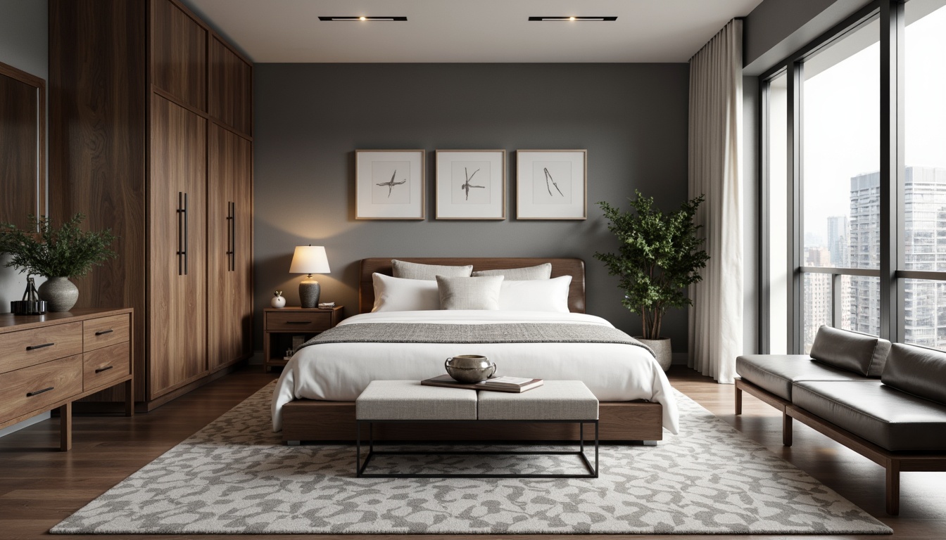 Prompt: Monochromatic bedroom, soft grey walls, rich walnut wood furniture, plush charcoal grey carpet, creamy white bedding, metallic silver accents, geometric patterned rugs, modern minimalist decor, floor-to-ceiling windows, natural daylight, warm ambient lighting, shallow depth of field, 1/1 composition, realistic textures, subtle gradient effects.