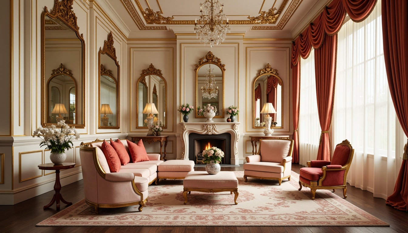 Prompt: Opulent Rococo interior, lavish furnishings, ornate gold accents, soft cream walls, rich velvet fabrics, jewel-toned drapery, intricate carvings, delicate porcelain vases, ornamental mirrors, crystal chandeliers, warm candlelight, inviting ambiance, pastel hues, soft peach tones, creamy whites, luxurious textures, subtle sheen, 1/2 composition, intimate atmosphere, dramatic lighting, realistic reflections.