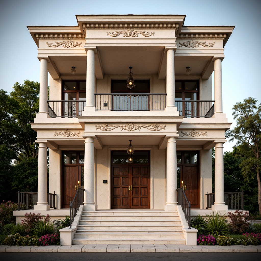 Prompt: Elegant villa facade, ornate columns, grand entrance, symmetrical architecture, classical pediments, intricate moldings, carved stone decorations, rustic wooden doors, bronze door handles, large windows with shutters, balconies with ornate railings, marble floors, crystal chandeliers, soft warm lighting, shallow depth of field, 1/2 composition, realistic textures, ambient occlusion, natural surrounding landscape, lush greenery, blooming flowers, serene atmosphere.