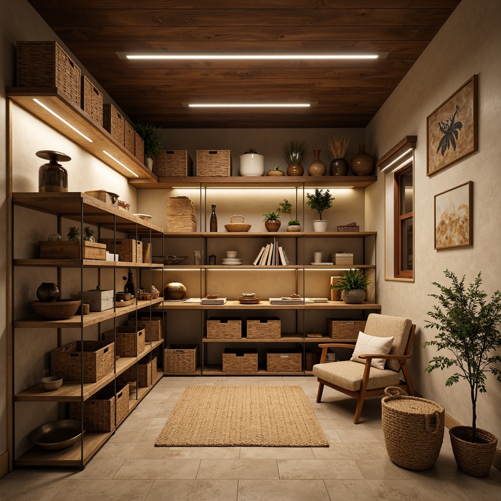 Prompt: Cozy storage room, warm earthy tones, soft beige walls, rich walnut shelving, industrial metal accents, dimmable LED lighting, rustic wooden crates, woven baskets, natural fiber rugs, calming atmosphere, organized layout, ample vertical space, functional design, subtle texture contrasts, soothing color harmony, 1/1 composition, softbox lighting, realistic material reflections.