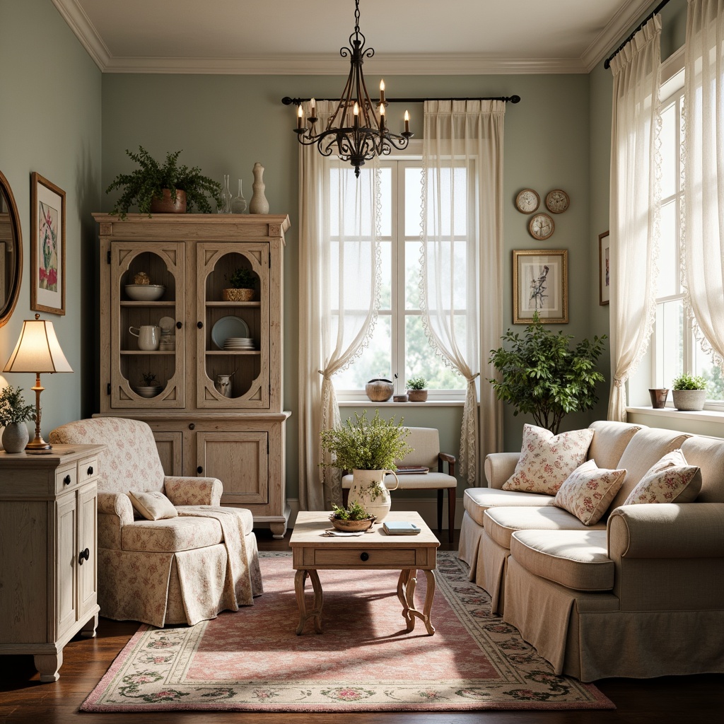 Prompt: Vintage distressed furniture, soft pastel colors, lace curtains, floral patterns, rustic wood accents, worn velvet fabrics, antique accessories, ornate metal details, feminine decor, warm candlelight, cozy throw blankets, distressed finishes, creamy whites, pale pinks, baby blues, rose-gold metallic tones, delicate china cabinets, porcelain vases, natural fiber rugs, soft sheer drapery, whimsical wall art, romantic ambiance.