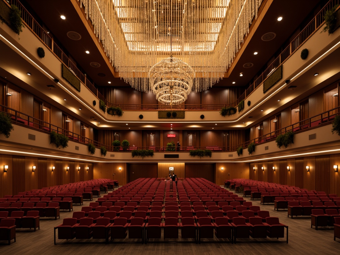 Prompt: Elegant auditorium interior, tiered seating, rich wood accents, ornate balconies, grand chandeliers, crystal drops, warm golden lighting, subtle LED strips, sleek metal sconces, minimalist floor lamps, dramatic spotlights, soft ambient glow, 1/2 composition, shallow depth of field, realistic reflections, high-contrast rendering.Please let me know if this meets your requirements!