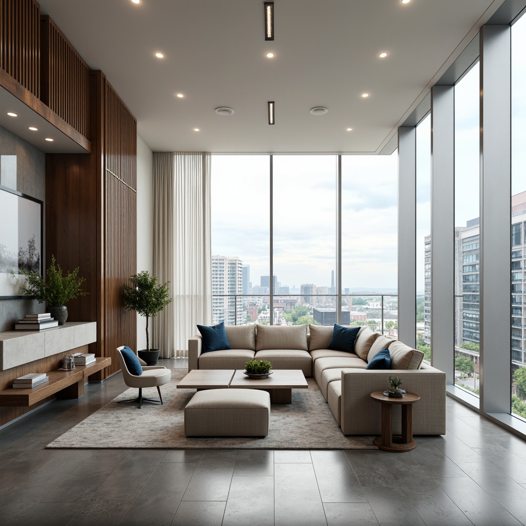 Prompt: Luxurious penthouse, modern interior design, sleek lines, minimalist aesthetic, neutral color scheme, creamy whites, rich charcoal grays, warm beige tones, deep blues, metallic accents, glossy finishes, floor-to-ceiling windows, breathtaking city views, natural light, subtle texture contrasts, 1/2 composition, shallow depth of field, soft box lighting, realistic reflections.