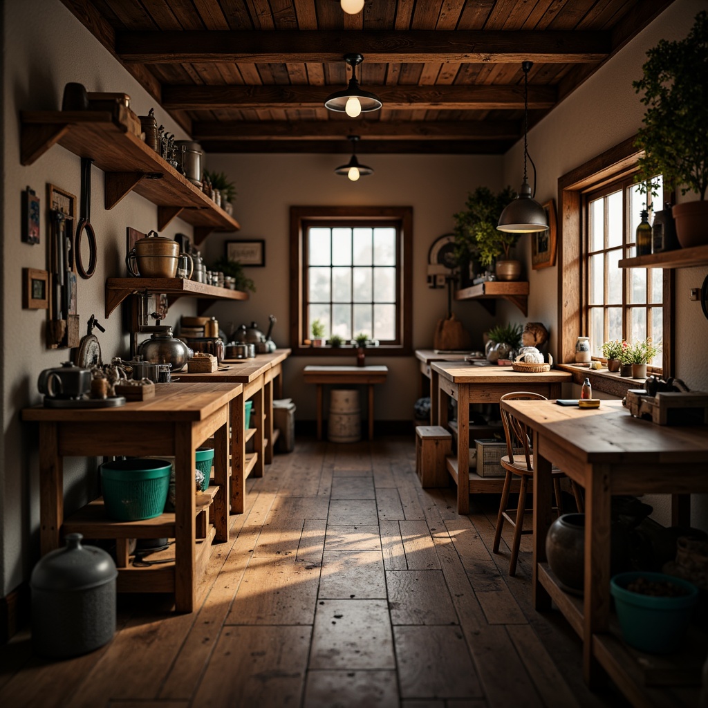 Prompt: Cozy workshop, wooden workbenches, metal tools, rustic decorations, warm soft lighting, gentle shadows, 3-point lighting setup, softbox lights, LED strips, ambient Occlusion, realistic textures, shallow depth of field, 1/1 composition, intimate atmosphere, warm color tones, creative freedom, inspiring workspace.