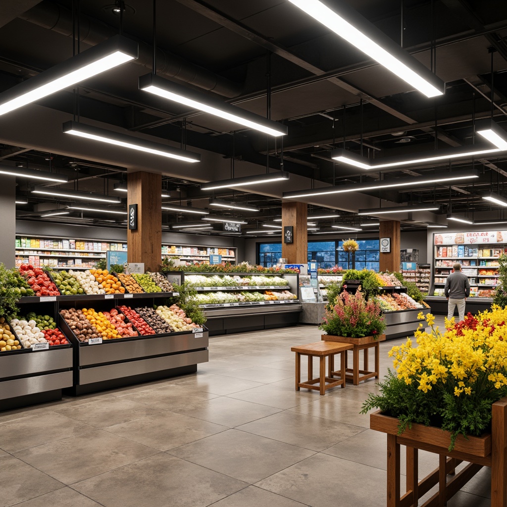 Prompt: Fluorescent ceiling lights, warm white tones, soft shadows, produce stands, fresh fruits, vibrant vegetables, colorful packaging, modern shelving systems, polished metal surfaces, reflective glass shelves, aisle navigation signs, customer guidance lighting, energy-efficient LED solutions, ambient lighting effects, 1/1 composition, high-key image style, realistic textures, subtle color grading.