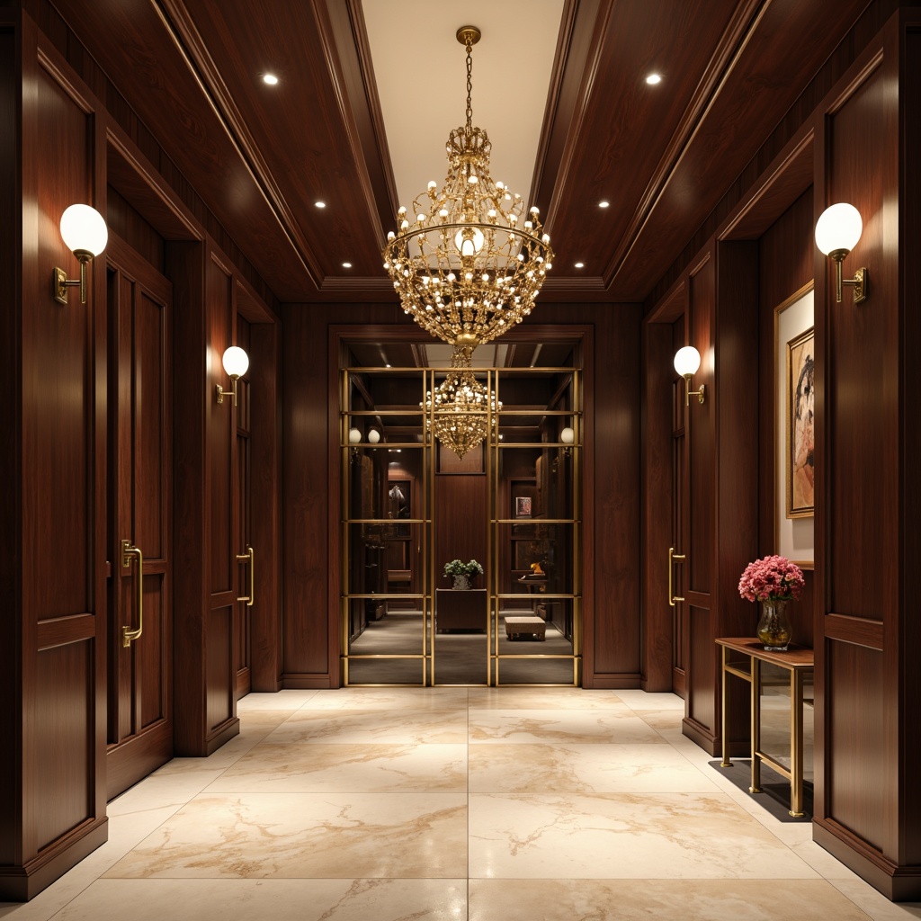 Prompt: Grand entrance hall, luxurious wood finishes, dark walnut panels, glossy ebony doors, polished bronze hardware, opulent chandeliers, creamy marble floors, soft warm lighting, shallow depth of field, 3/4 composition, panoramic view, realistic textures, ambient occlusion.