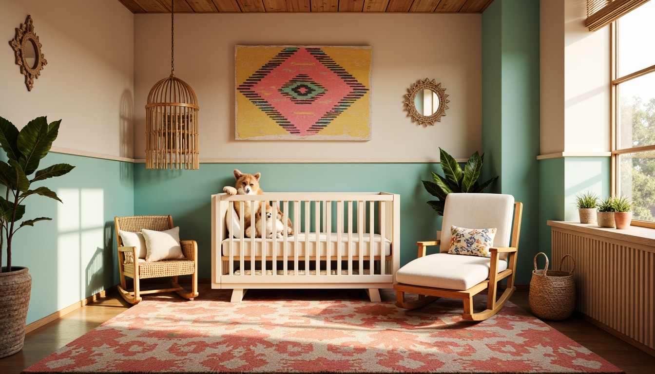 Prompt: Vibrant southwestern nursery, warm beige walls, turquoise accents, soft sage greenery, cream-colored furniture, woven textiles, natural wood crib, rattan rocking chair, colorful Navajo-inspired patterns, geometric shapes, bright coral pink, sunny yellow, gentle warm lighting, shallow depth of field, 1/1 composition, intimate close-up shots, realistic textures, ambient occlusion.