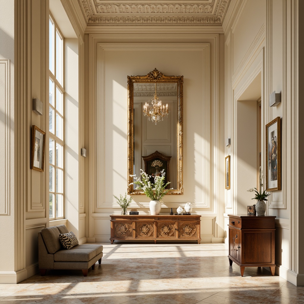 Prompt: Elegant wall finishes, ornate moldings, soft cream colors, subtle texture, refined paneling, classic pilasters, intricate carvings, luxurious fabrics, rich wood tones, polished marble surfaces, stately columns, grand ceiling heights, dramatic drapery, lavish chandeliers, warm golden lighting, shallow depth of field, 1/1 composition, symmetrical balance, ornate gilded frames.