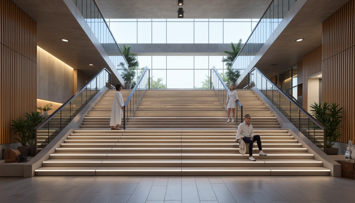 Prompt: Sleek modern staircases, minimalist design, low-profile handrails, stainless steel materials, glass balustrades, LED lighting accents, futuristic aesthetic, polished chrome finishes, geometric shapes, 3D-printed components, parametric designs, soft warm glow, shallow depth of field, 1/1 composition, realistic reflections, ambient occlusion.