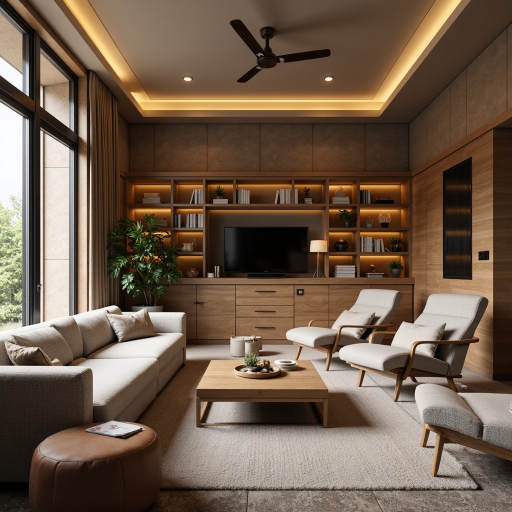 Prompt: Cozy living room, plush sofas, comfortable armchairs, wooden coffee tables, soft cushions, warm lighting, modern minimalist decor, Scandinavian-inspired design, functional storage units, ergonomic desk chairs, built-in shelving, natural wood accents, earthy color palette, relaxing ambiance, calm atmosphere, 1/2 composition, soft focus, realistic textures.