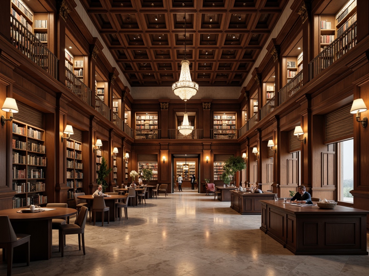 Prompt: Grand library hall, high ceilings, ornate moldings, Neoclassical architecture, marble floors, intricate wooden paneling, floor-to-ceiling bookshelves, reading tables, comfortable leather armchairs, elegant crystal chandeliers, sophisticated sconces, warm bronze lamp fixtures, soft warm lighting, subtle shading, 1/1 composition, symmetrical framing, realistic textures, ambient occlusion.