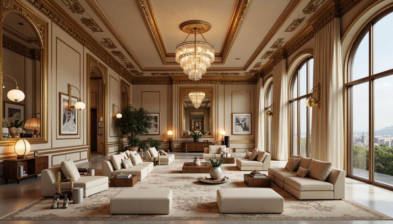 Prompt: Luxurious great room, plush velvet sofas, rich wood accents, grand chandeliers, warm beige walls, ornate gold frames, soft cream-colored carpets, inviting sectional seating, elegant drapery, floor-to-ceiling windows, natural light pouring in, subtle sheen fabrics, tactile upholstery, sumptuous throw pillows, opulent patterned rugs, sophisticated neutral tones, refined classic style, warm ambient lighting, cozy reading nooks.