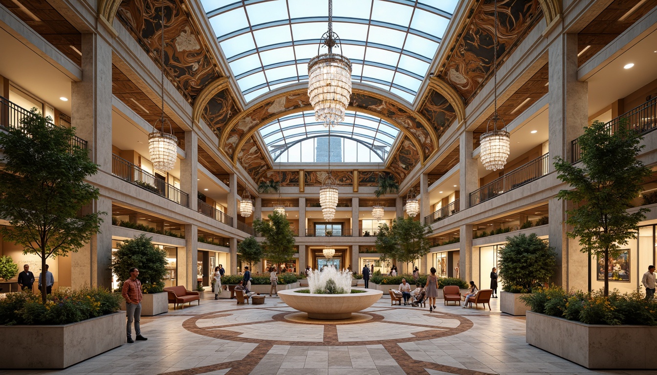 Prompt: Luxurious shopping mall, grandiose high ceilings, intricate mosaics, ornate chandeliers, polished marble floors, lavish furnishings, elegant staircases, majestic fountains, lush greenery, vibrant flower arrangements, sparkling crystal fixtures, sophisticated modern architecture, large glass skylights, natural stone accents, warm ambient lighting, shallow depth of field, 1/1 composition, panoramic view, realistic textures, ambient occlusion.