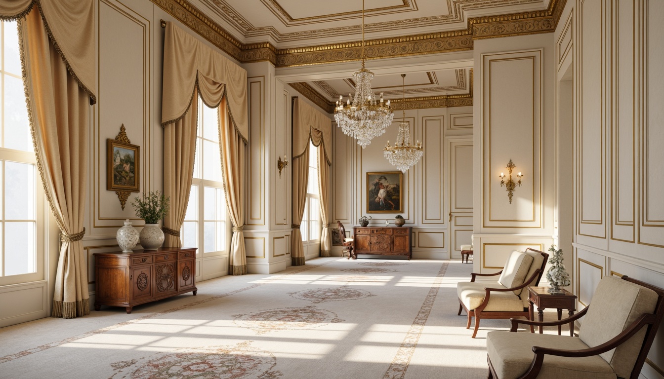 Prompt: Elegant mansion, ornate details, soft cream walls, rich wood paneling, gilded accents, velvet drapes, subtle floral patterns, muted pastel hues, warm beige tones, delicate porcelain vases, intricate moldings, crystal chandeliers, luxurious fabrics, refined neoclassical architecture, subtle gradient lighting, 1/1 composition, realistic textures, ambient occlusion.