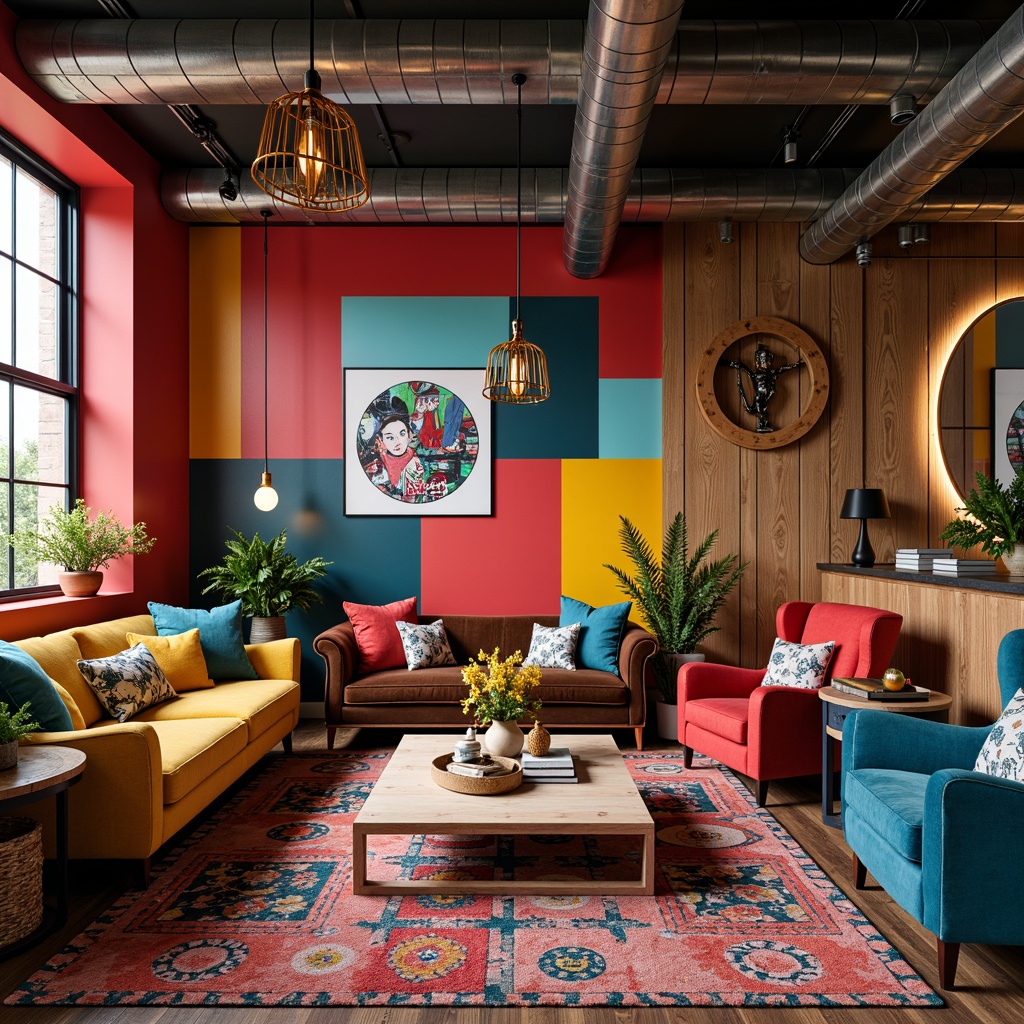 Prompt: Vibrant color-blocked walls, eclectic furniture arrangements, bold geometric patterns, ornate metal fixtures, distressed wood accents, industrial-chic exposed ductwork, playful pop-art decor, lavish velvety fabrics, curvaceous lines, asymmetrical compositions, oversized decorative mirrors, statement lighting fixtures, avant-garde sculptures, retro-futuristic accessories, organic natural materials, warm ambient illumination, shallow depth of field, 1/1 composition, realistic textures, ambient occlusion.