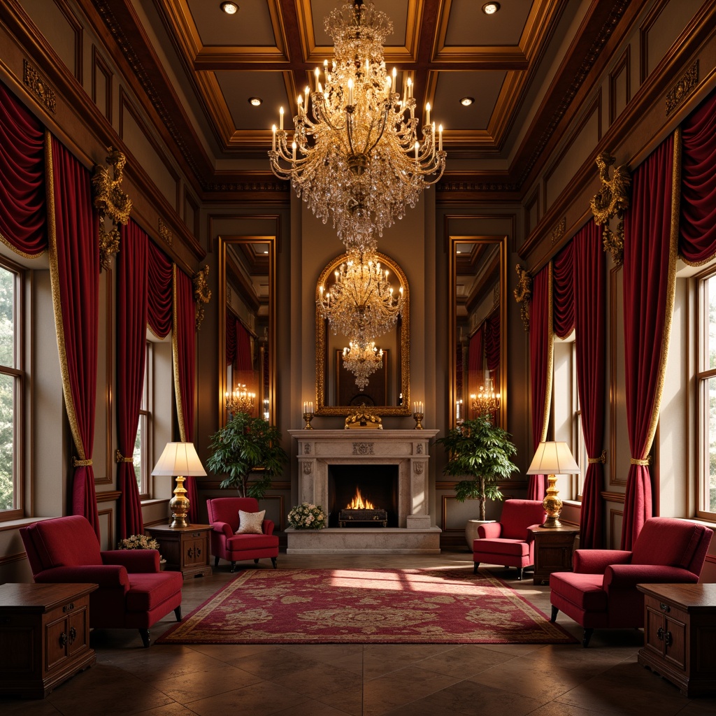 Prompt: Rich velvet drapes, ornate gold frames, luxurious dark wood accents, warm beige walls, opulent crystal chandeliers, lavish red upholstery, intricate carvings, antique furnishings, rustic stone fireplaces, dimly lit atmosphere, warm golden lighting, 1/1 composition, shallow depth of field, realistic textures, ambient occlusion.