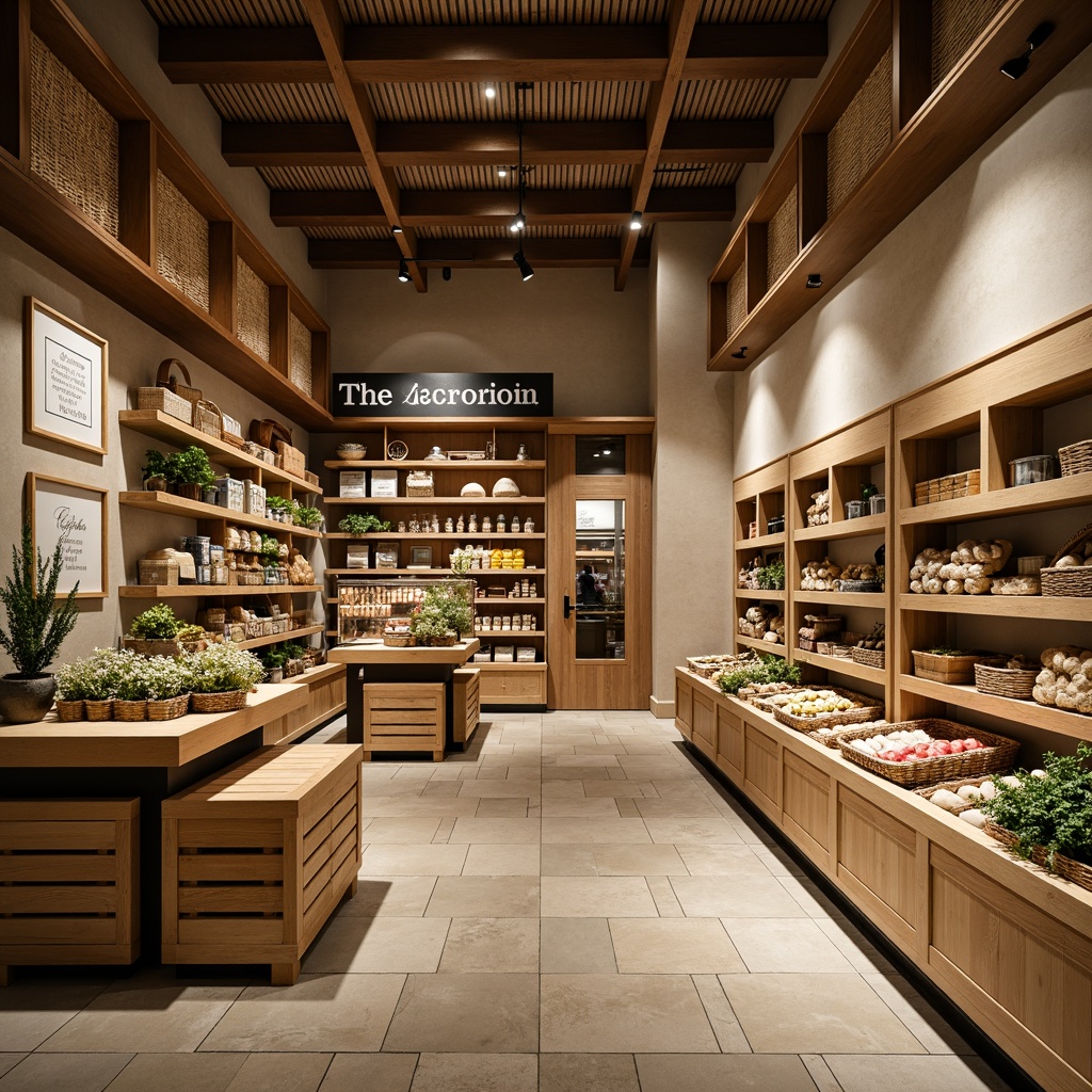 Prompt: Elegant grocery store interior, warm beige walls, rich wood accents, sophisticated academic style, earthy tone color palette, muted greenery, subtle brand signage, modern minimalist shelving, polished metal fixtures, soft warm lighting, shallow depth of field, 1/1 composition, realistic textures, ambient occlusion, rustic wooden crates, woven baskets, vintage-inspired typography, distressed finishes, natural stone flooring.