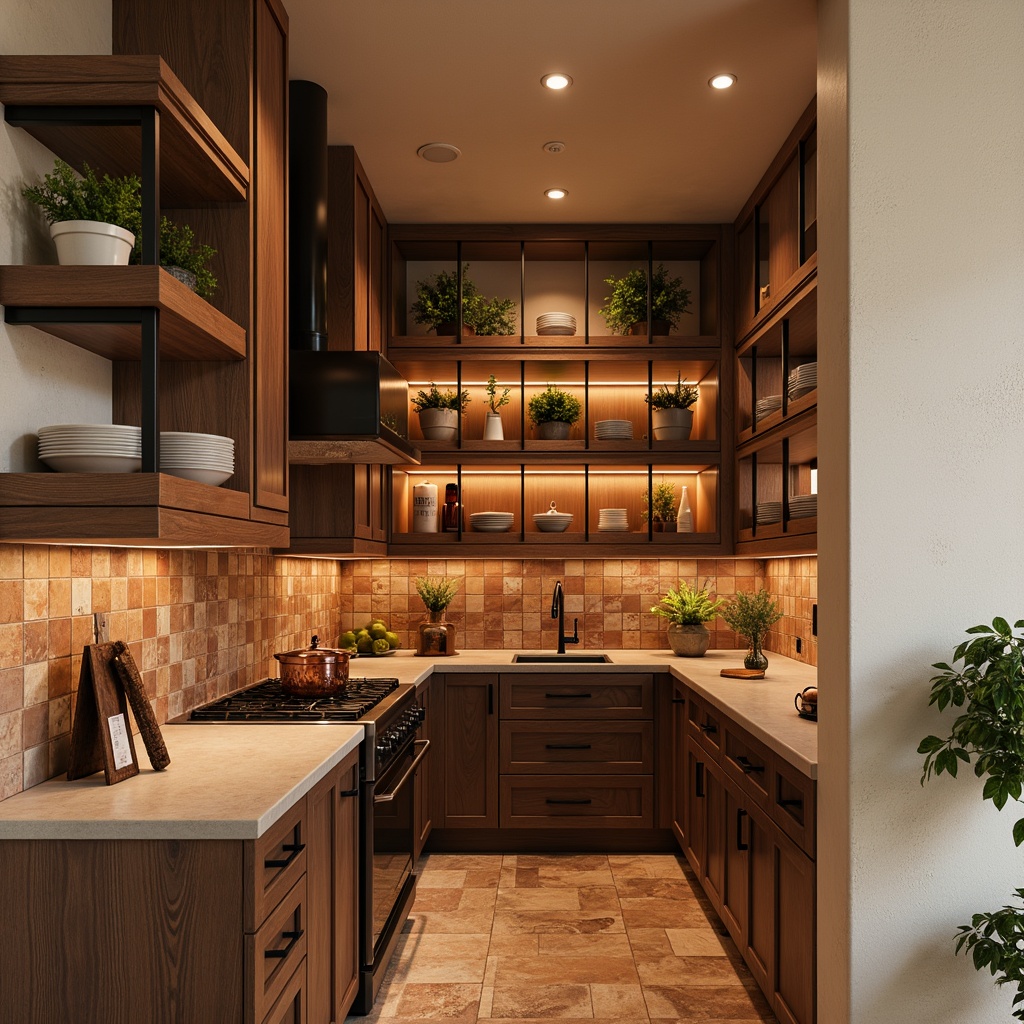 Prompt: Cozy pantry, warm wooden shelves, rustic metal racks, earthy terracotta tiles, soft cream walls, warm beige cabinets, rich walnut countertops, matte black appliances, vintage copper accents, natural stone flooring, ambient warm lighting, shallow depth of field, 1/1 composition, realistic textures.