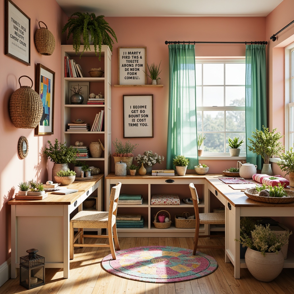 Prompt: Vibrant craft room, natural wood furniture, woven baskets, eclectic decorative items, inspirational quotes, pastel color scheme, soft peach walls, mint green accents, creamy white shelves, distressed wooden tables, vintage metal lanterns, colorful fabric scraps, DIY project displays, warm cozy atmosphere, softbox lighting, shallow depth of field, 1/2 composition, intimate view.