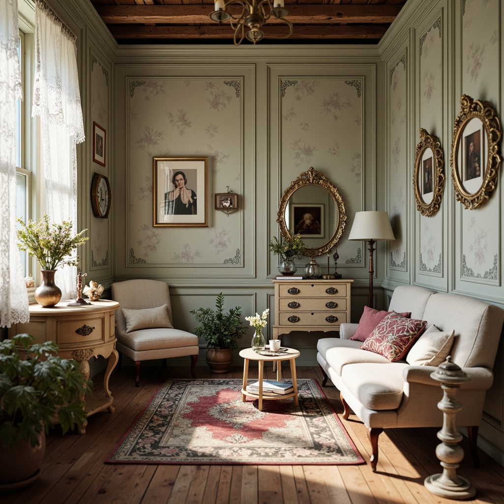 Prompt: Distressed wood accents, vintage furniture pieces, soft pastel hues, floral patterns, lace curtains, ornate mirrors, rustic wooden floors, plush area rugs, antique decorative items, warm candlelight, gentle shadows, shallow depth of field, 1/1 composition, romantic ambiance, natural textures, subtle color palette.