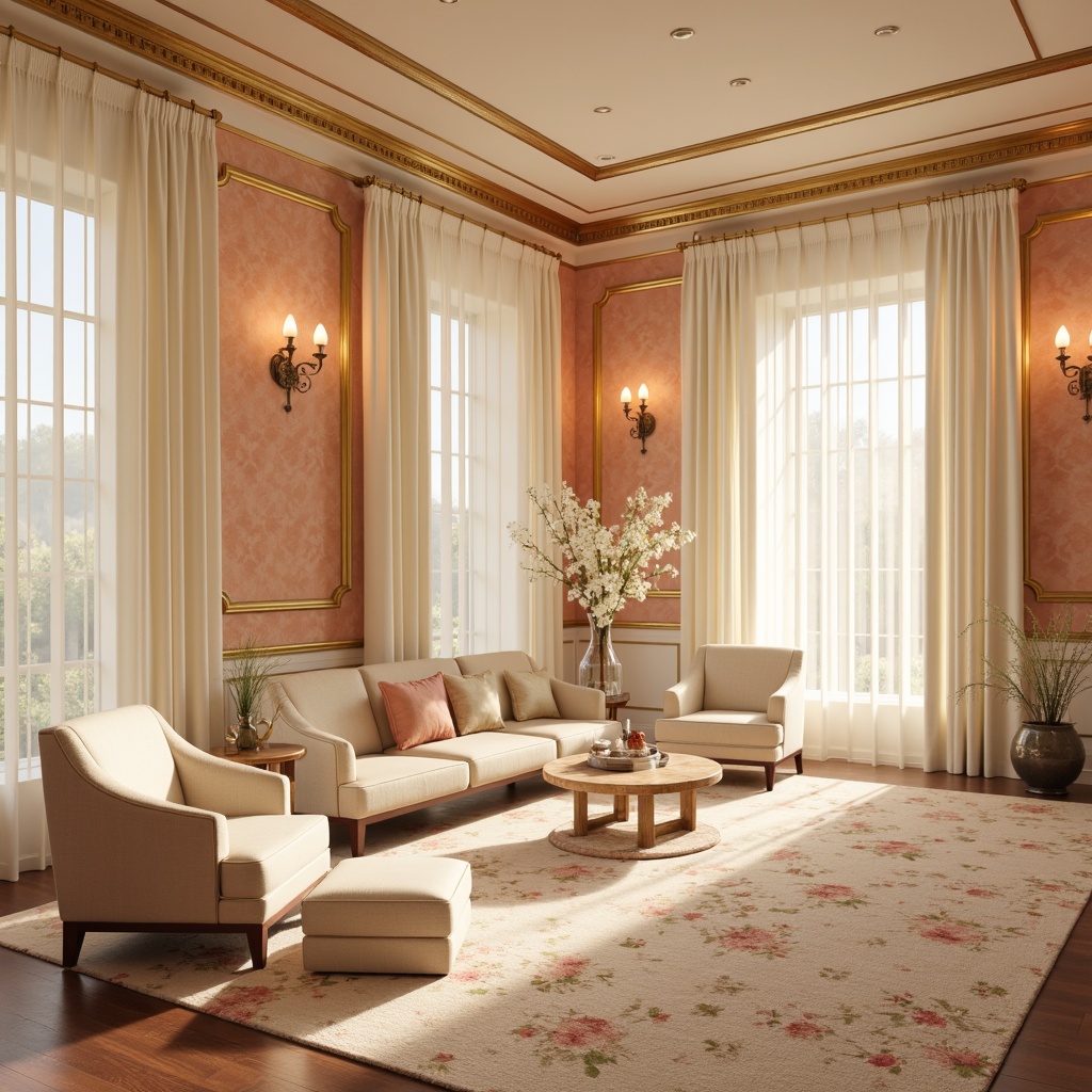 Prompt: Soft apricot hues, warm beige tones, creamy whites, rich golden accents, velvety smooth textures, delicate floral patterns, ornate vintage details, refined classic architecture, luxurious interior design, elegant furniture pieces, sophisticated lighting fixtures, subtle gradient effects, gentle color transitions, 1/2 composition, shallow depth of field, soft focus, warm inviting atmosphere.