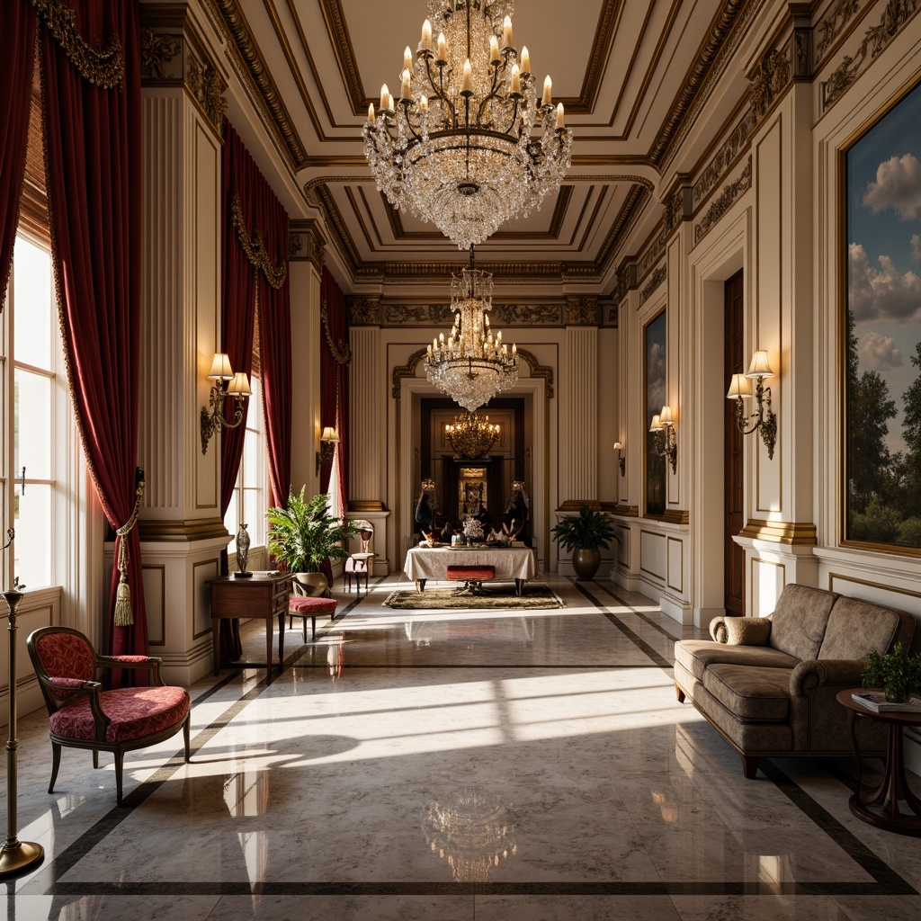 Prompt: Elegant neoclassical interior, ornate moldings, crystal chandeliers, polished marble floors, rich velvet drapes, antique furnishings, luxurious fabrics, subtle glass accents, delicate etchings, refined metallic tones, sophisticated color palette, soft warm lighting, shallow depth of field, 1/1 composition, intimate atmosphere, realistic textures, ambient occlusion.