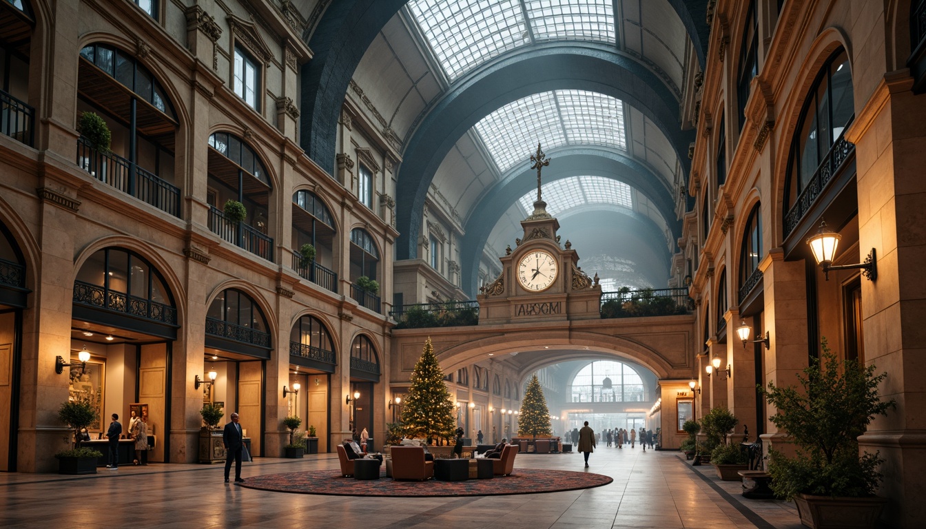 Prompt: Grand Beaux-Arts train station, intricately detailed facade, ornate clock tower, rusticated stone walls, arched windows, grand entrance hall, high ceilings, elegant chandeliers, polished marble floors, vintage luggage carts, old-fashioned street lamps, misty morning atmosphere, soft warm lighting, shallow depth of field, 3/4 composition, symmetrical framing, realistic textures, ambient occlusion.