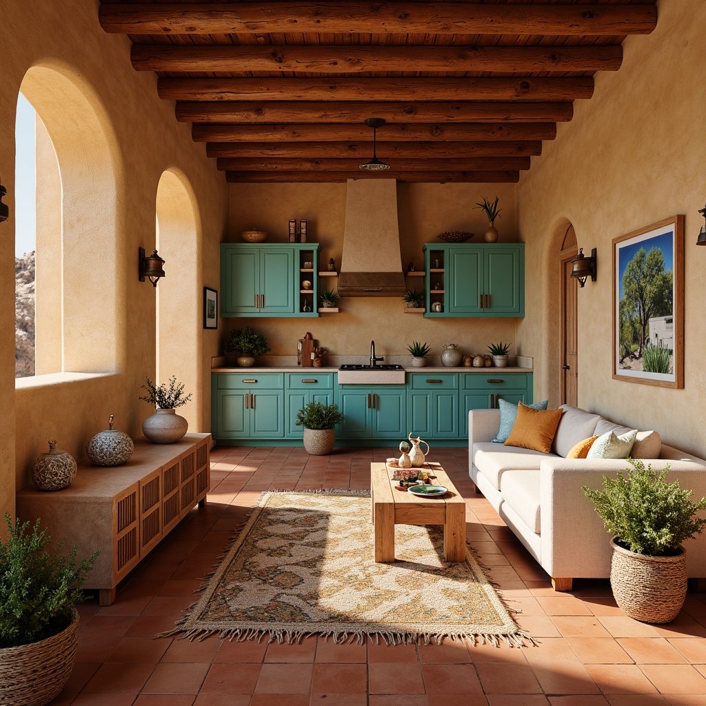 Prompt: Warm terracotta tiles, earthy adobe walls, rustic wooden cabinetry, vibrant turquoise accents, natural stone countertops, woven wicker furniture, plush southwestern patterned rugs, desert-inspired botanical prints, warm bronze lighting fixtures, soft warm beige paint tones, organic texture, shallow depth of field, 1/1 composition, realistic renderings, ambient occlusion.