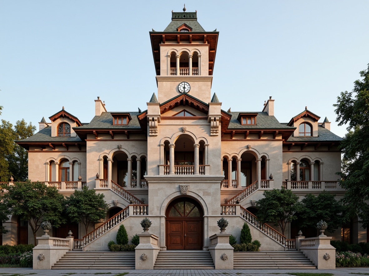 Prompt: Grand courthouse facade, ornate clock tower, eclectic architectural style, mixed materials, granite base, limestone walls, terracotta ornaments, copper roofing, grand staircase, intricate ironwork, ornamental railings, wooden accents, stained glass windows, large arched entrance, symmetrical composition, classical columns, carved stone details, subtle warm lighting, shallow depth of field, 1/2 composition, realistic textures, ambient occlusion.