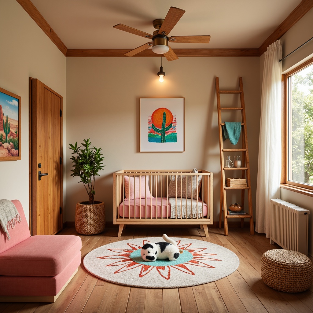 Prompt: \Vibrant baby room, southwestern style, warm beige walls, turquoise accents, coral pink furniture, woven rattan crib, natural wood floors, colorful Navajo-inspired textiles, soft plush area rug, desert landscape artwork, cactus-shaped decorations, warm golden lighting, shallow depth of field, 1/1 composition, realistic textures, ambient occlusion.\