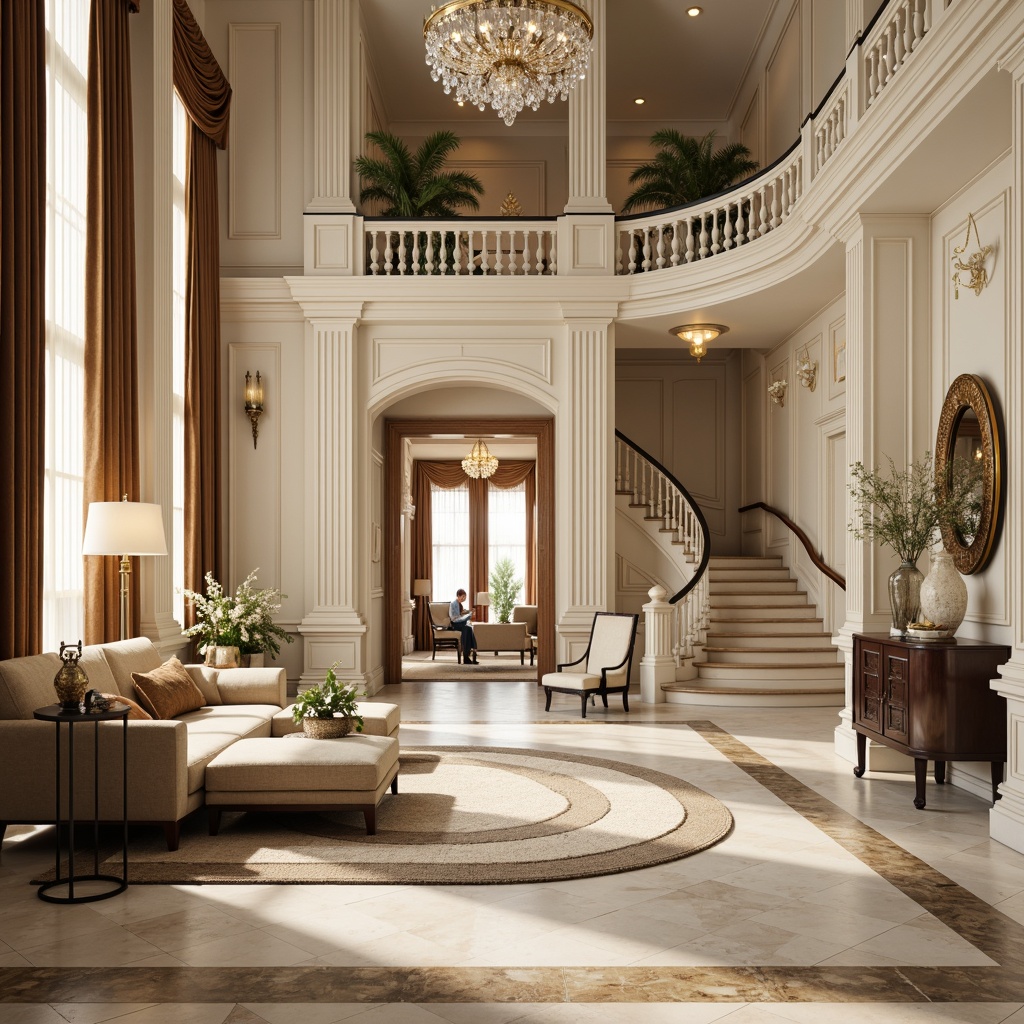 Prompt: Elegant neoclassical interior, ornate moldings, crystal glass chandeliers, sparkling glass accents, polished marble floors, luxurious velvet drapes, rich wood paneling, intricate carvings, majestic columns, sweeping archways, grand staircase, lavish furnishings, opulent textiles, subtle cream color palette, soft warm lighting, high ceiling, 1/1 composition, realistic reflections, ambient occlusion.