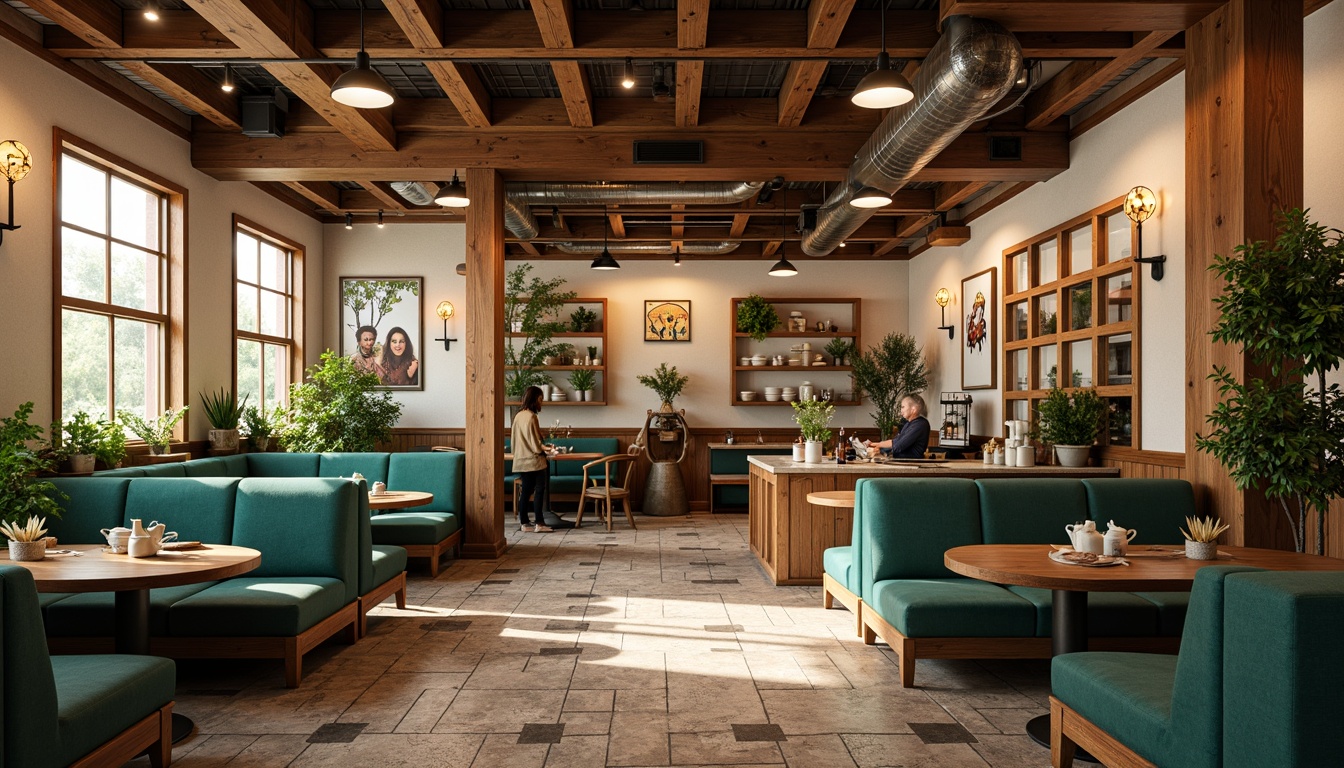 Prompt: Cozy coffee shop atmosphere, warm earthy tones, rich brown wooden accents, comforting beige walls, creamy whites, deep espresso-inspired colors, vibrant turquoise accents, lush greenery, natural stone flooring, industrial metal decor, reclaimed wood textures, soft warm lighting, shallow depth of field, 1/2 composition, realistic renderings, ambient occlusion.