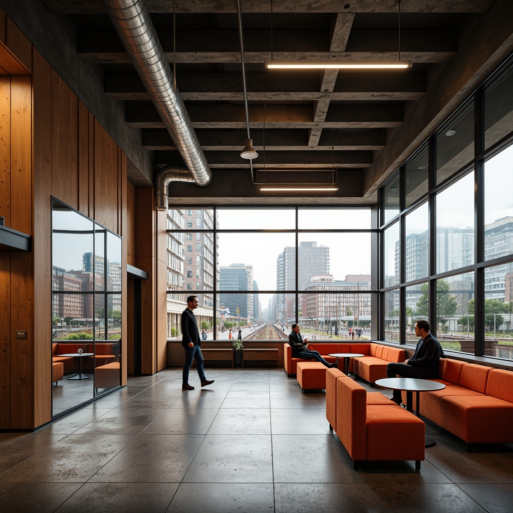 Prompt: Modern train station, transitional style seating areas, comfortable sofas, sleek metal frames, vibrant orange accents, wooden paneling, industrial-style lighting, exposed ductwork, polished concrete floors, urban cityscape views, bustling atmosphere, warm natural light, shallow depth of field, 3/4 composition, panoramic view, realistic textures, ambient occlusion.