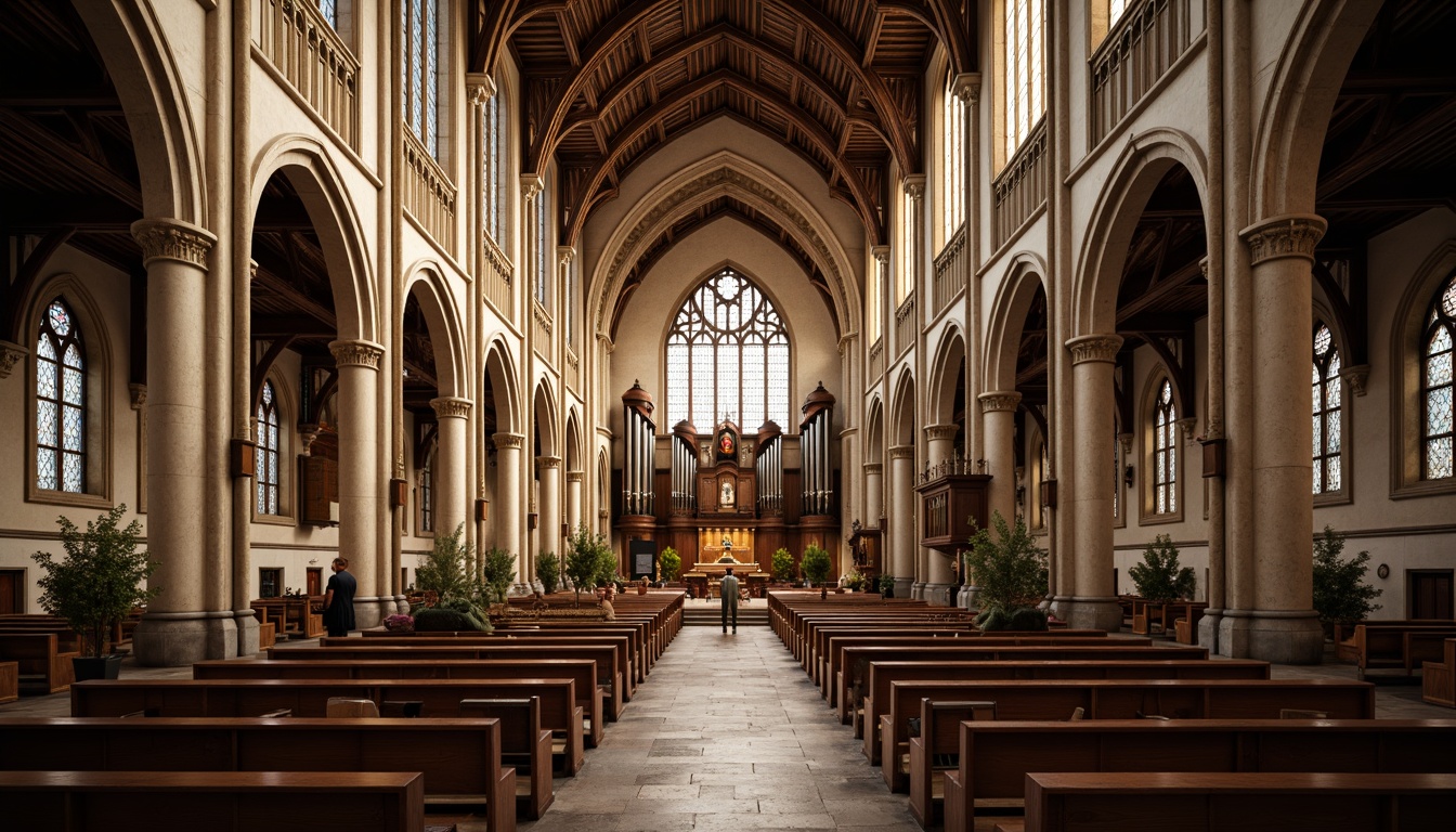 Prompt: Grand cathedral interior, vaulted ceilings, ribbed arches, stunning stained glass windows, ornate wooden pews, intricate stone carvings, majestic pipe organs, soft warm lighting, dramatic shadows, 1/1 composition, low-angle shot, symmetrical framing, rich textures, ambient occlusion.