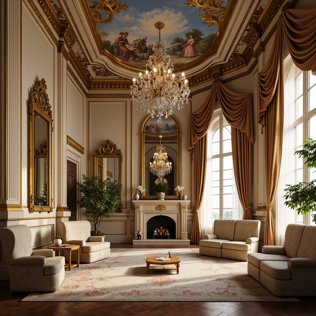 Prompt: Opulent Rococo-style interior, ornate gold molding, soft cream-colored walls, intricately carved wooden paneling, delicate floral patterns, luxurious velvet drapes, crystal chandeliers, grandiose mirrors, lavish furnishings, Baroque-inspired frescoes, richly textured fabrics, gilded accents, subtle warm lighting, dramatic shadows, 1/2 composition, romantic atmosphere, highly detailed textures, ambient occlusion.