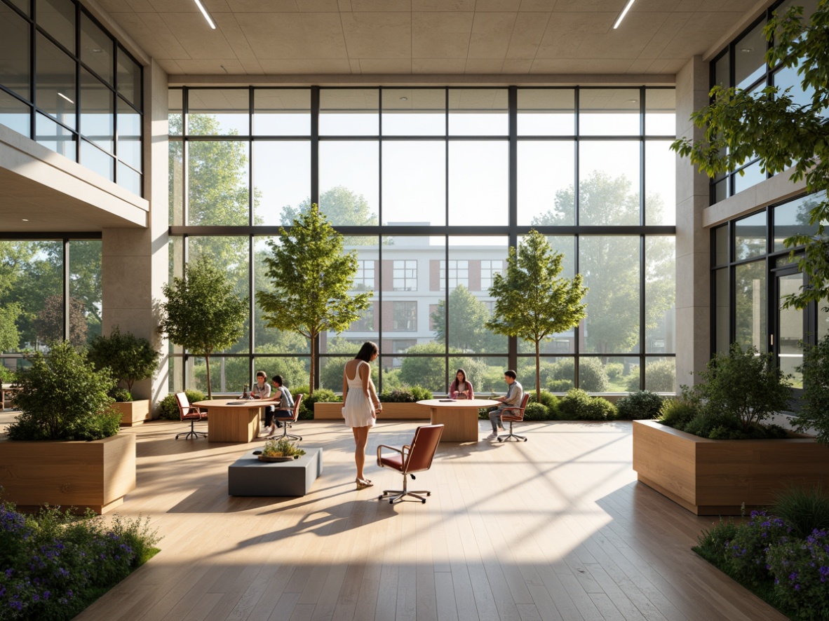 Prompt: Modern high school interior, abundant natural light, floor-to-ceiling windows, sleek metal frames, polished wooden floors, minimalist decor, neutral color palette, spacious classrooms, collaborative workspaces, ergonomic furniture, greenery walls, living plants, soft warm lighting, shallow depth of field, 1/2 composition, panoramic view, realistic textures, ambient occlusion.