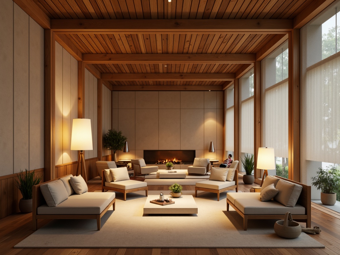 Prompt: Calming interior space, acoustic panels, sound-absorbing materials, wooden accents, natural textiles, earthy tones, comfortable seating areas, floor lamps, soft warm lighting, cozy atmosphere, minimalist decor, peaceful ambiance, quiet surroundings, relaxation zones, calming colors, serene mood, 1/1 composition, shallow depth of field, soft focus, realistic rendering.