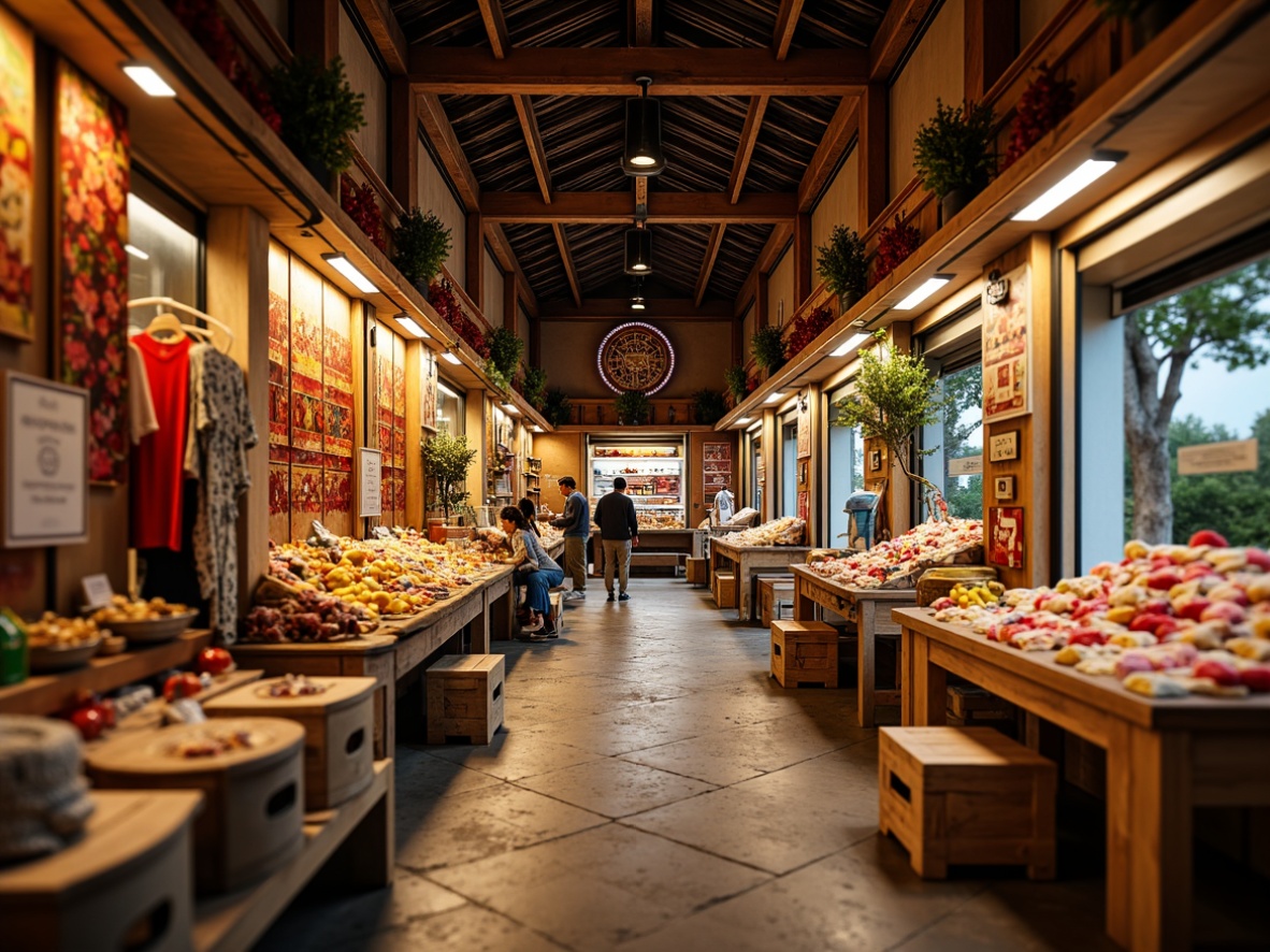 Prompt: Vibrant market stalls, traditional architectural design, warm earthy tones, rich wood accents, ornate metalwork, colorful textiles, intricate patterns, natural stone flooring, rustic wooden crates, lively atmosphere, soft warm lighting, shallow depth of field, 3/4 composition, realistic textures, ambient occlusion.