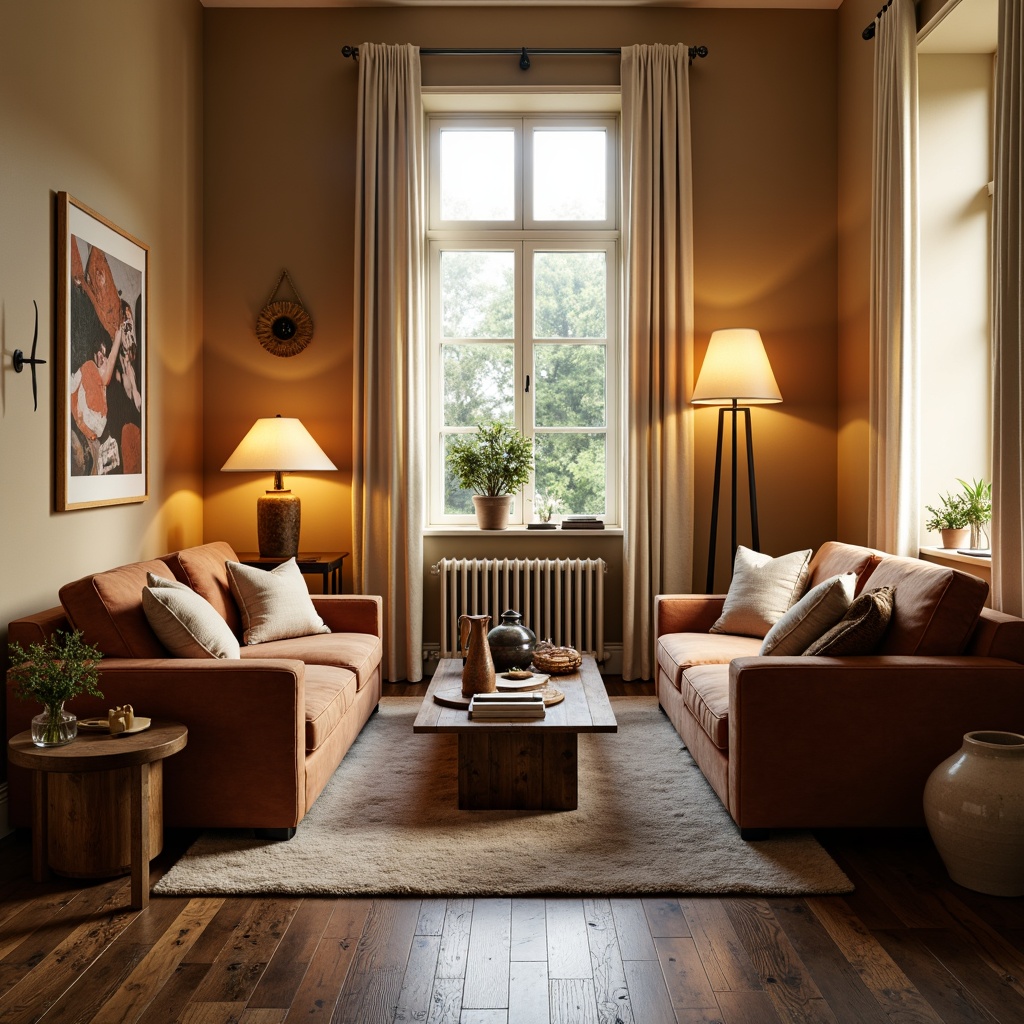 Prompt: Cozy living room, warm beige walls, plush velvet sofas, rustic wooden coffee tables, soft glowing table lamps, industrial metal floor lamps, creamy white curtains, natural fiber rugs, earthy terracotta vases, warm golden lighting, soft shadows, 1/1 composition, intimate atmosphere, realistic textures, ambient occlusion.