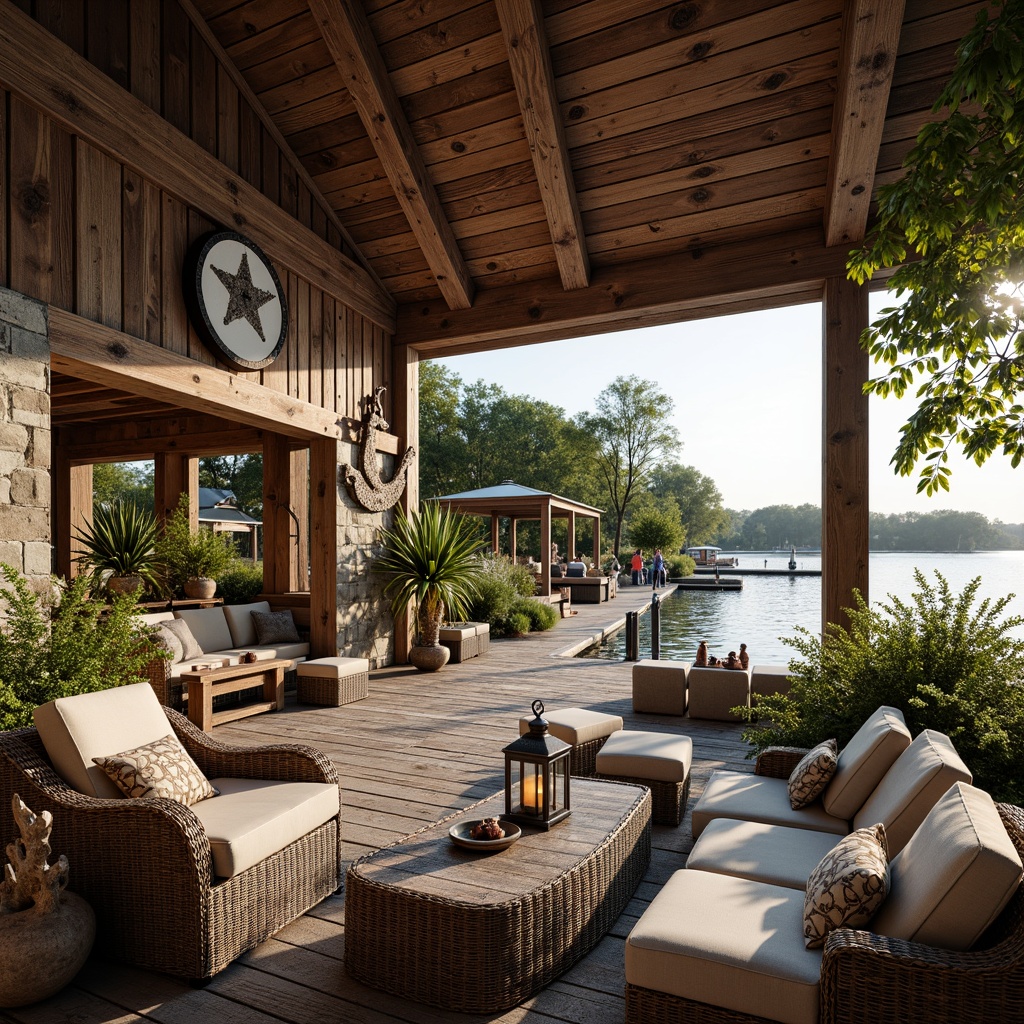 Prompt: Rustic boathouse, wooden accents, nautical ropes, vintage anchors, distressed finishes, natural stone foundations, waterfront location, serene lake views, lush greenery, overhanging trees, warm sunny day, soft warm lighting, shallow depth of field, 3/4 composition, panoramic view, realistic textures, ambient occlusion, ornate metal lanterns, woven wicker furniture, plush cushions, nautical-themed decor, fishing nets, seashells, driftwood sculptures.