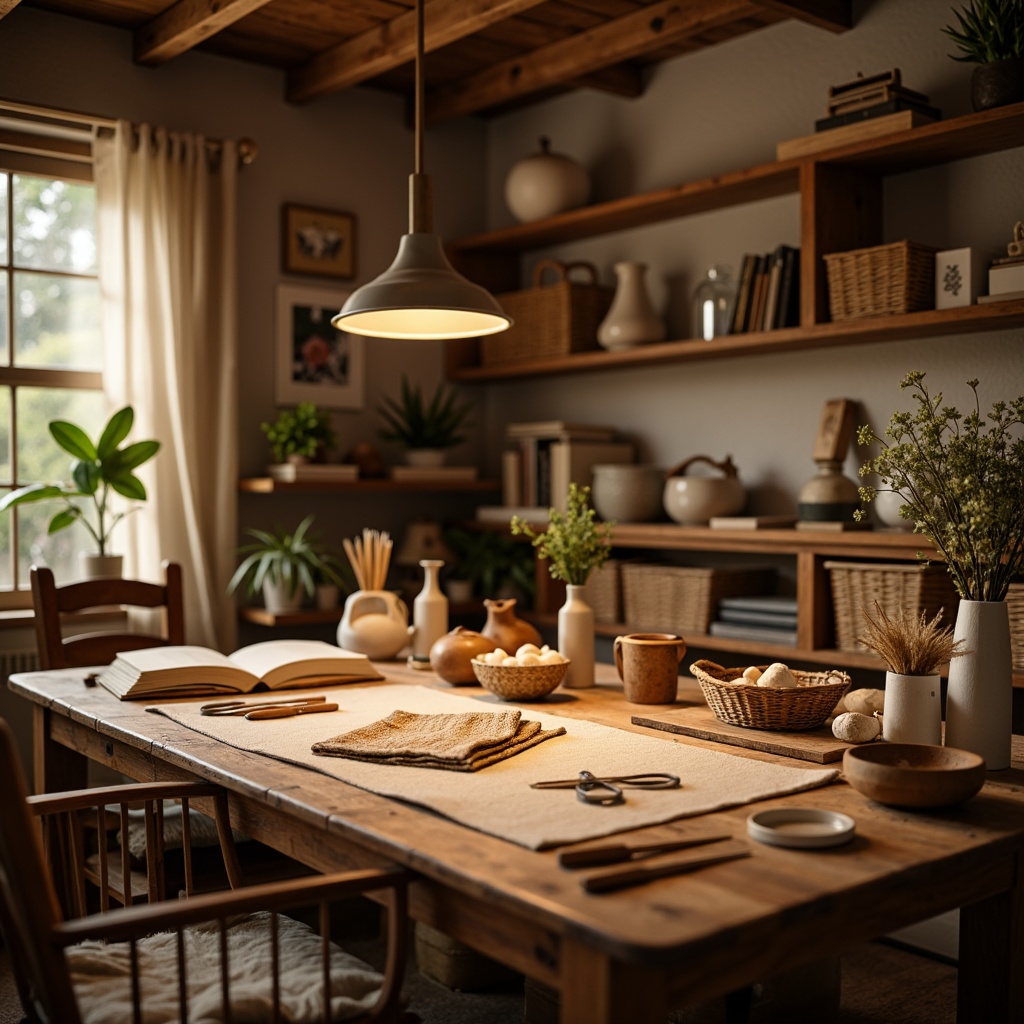 Prompt: Cozy crafting room, warm wooden desk, softbox lights, task lamps, pendant lighting, creamy color palette, rustic textures, woven baskets, vintage craft tools, natural fabrics, earthy tones, intimate setting, 1/1 composition, shallow depth of field, soft warm glow, realistic shadows.