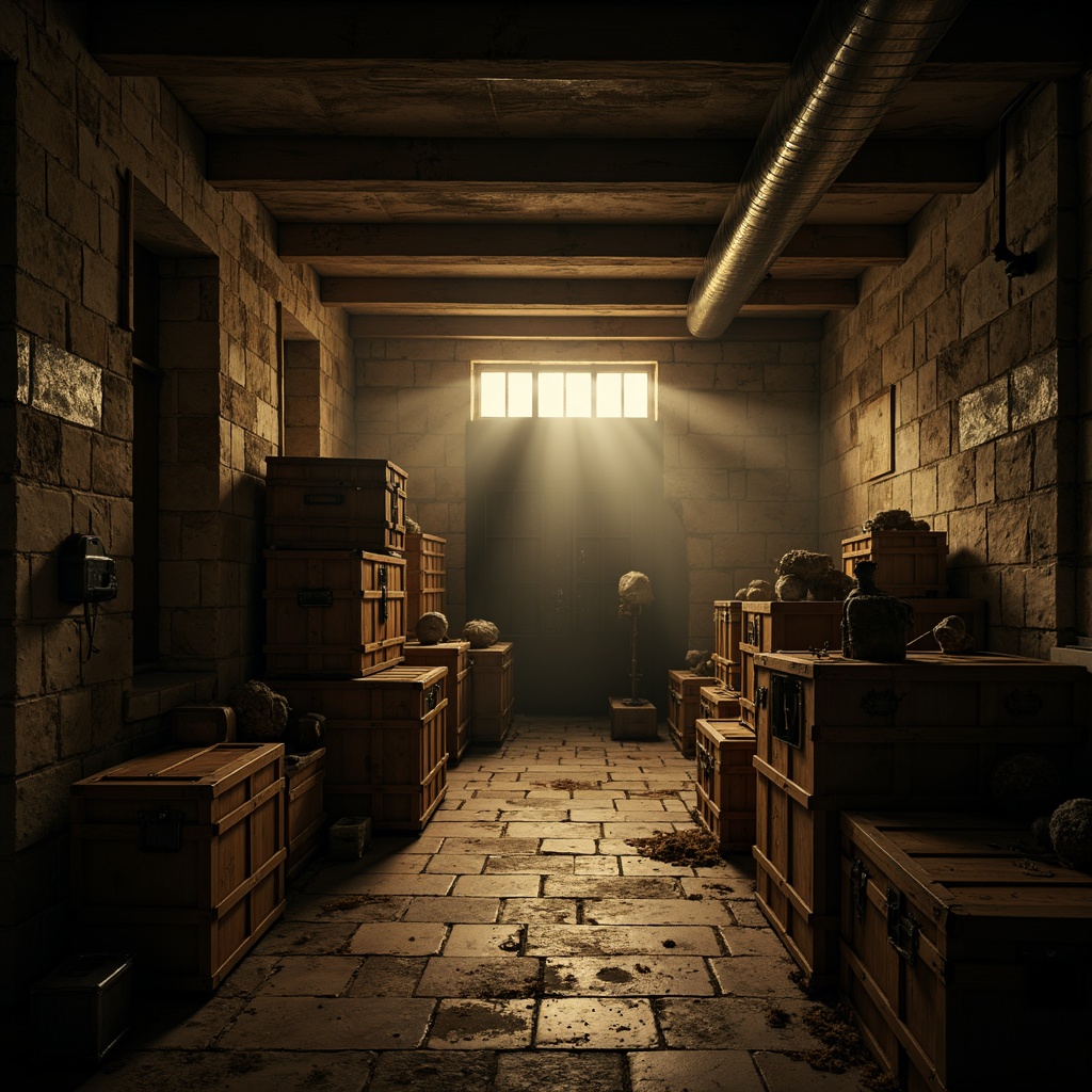 Prompt: Dimly lit storage room, eerie shadows, rustic wooden crates, old trunks, mysterious artifacts, dusty relics, faint misty atmosphere, warm golden lighting, soft box lights, dramatic chiaroscuro, high contrast ratios, intense focal points, abstract composition, distorted perspectives, unconventional camera angles, bold vibrant colors, heavy textures, rough stone walls, metallic accents, industrial pipes, distressed finishes, avant-garde decor.