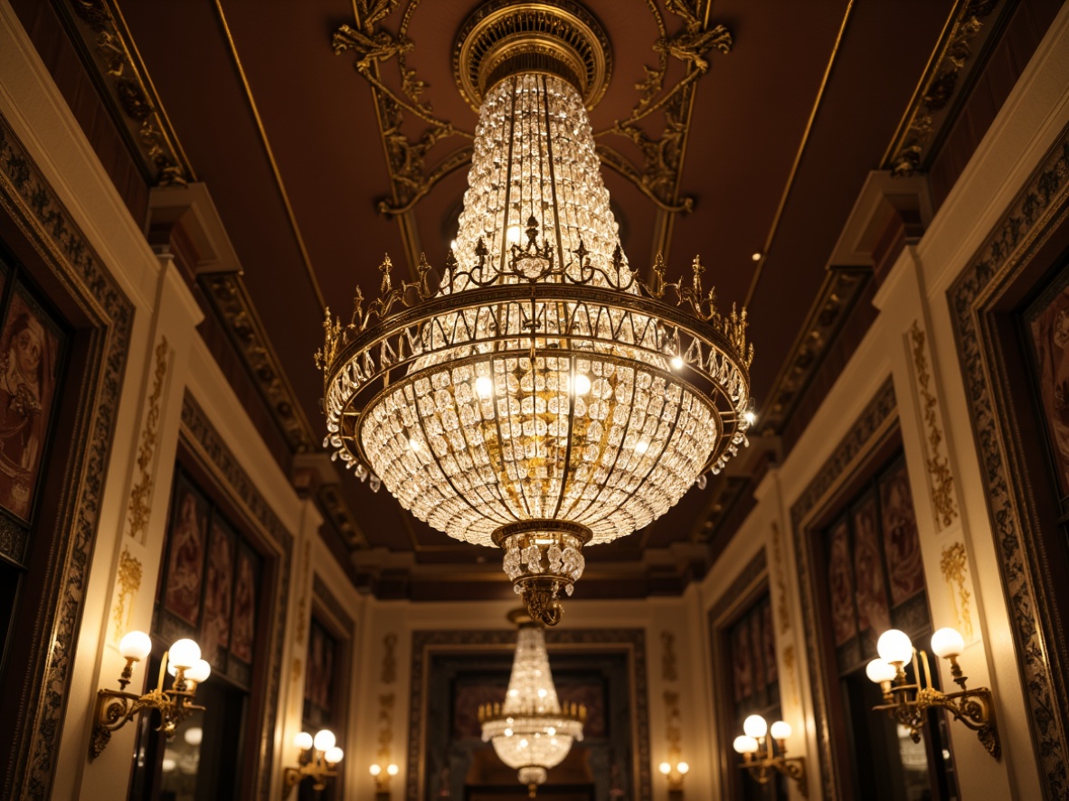 Prompt: Opulent chandelier, intricately ornate metalwork, crystal droplets, golden accents, delicate floral patterns, soft warm glow, candelabra, ornate sconces, gilded mirrors, luxurious fabrics, velvet drapes, carved wooden paneling, French Renaissance-inspired design, grandiose architecture, lavish decorations, dramatic ceiling height, 1/1 composition, high-key lighting, realistic reflections, ambient occlusion.