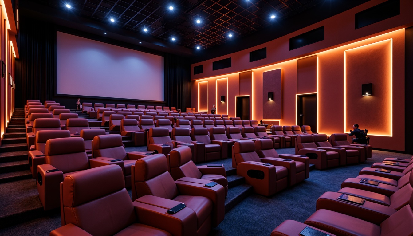 Prompt: Luxurious cinema interior, modern minimalist style, sleek lines, bold color scheme, futuristic seating arrangement, curved rows, ergonomic chairs, premium leather upholstery, metallic accents, ambient lighting, soft warm glow, shallow depth of field, 3/4 composition, panoramic view, realistic textures, cinematic atmosphere, dimmable LED lights, acoustic panels, sound-absorbing materials, high-tech audio equipment, immersive viewing experience.